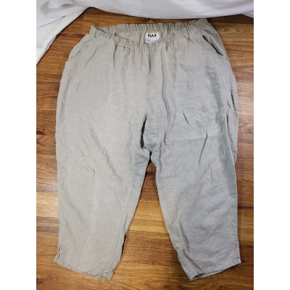 Flax 100% Linen Pants Size Large Beige Relaxed Fit Comfort Coastal Beachy Crop